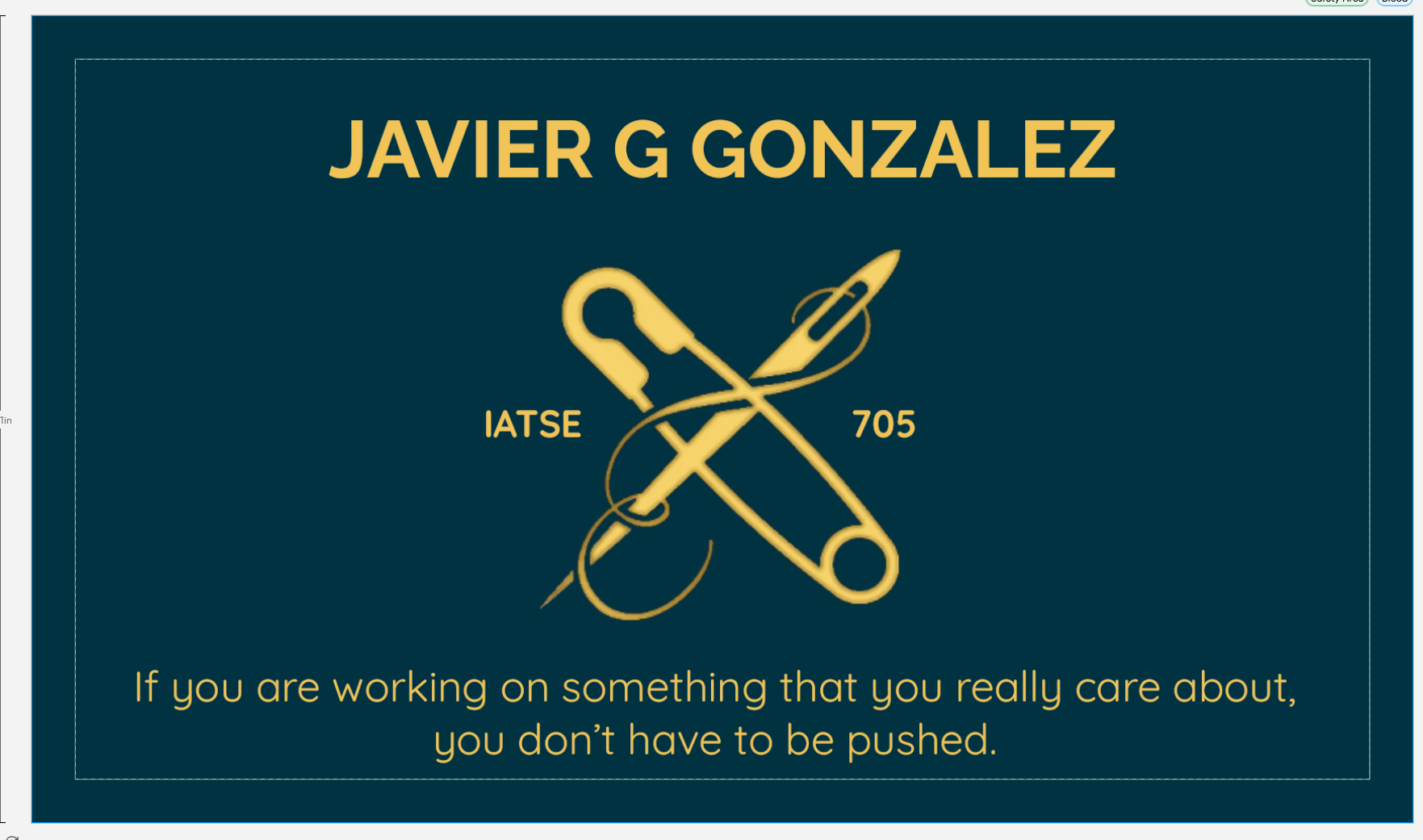 Javier G Gonzalez IATSE Local 705 emblem with crossed safety pin and needle
