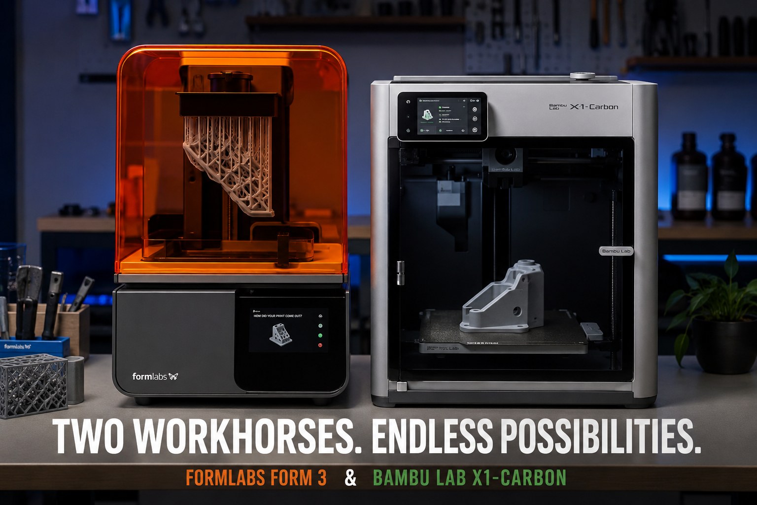 A Formlabs Form 3 resin printer beside a Bambu Lab X1 Carbon filament printer on a shop workbench