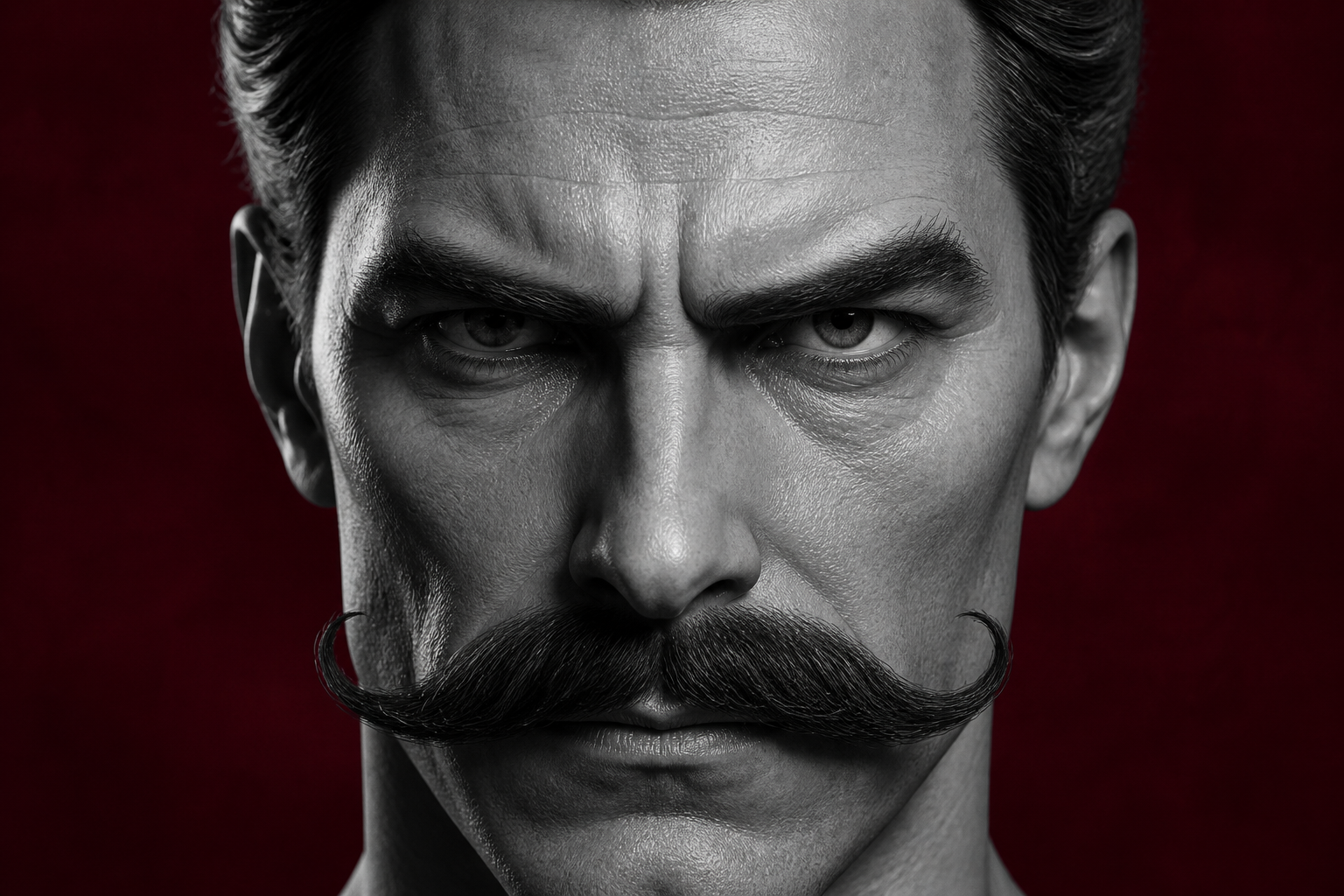 A digitally sculpted aristocratic male bust with handlebar mustache against a deep burgundy background
