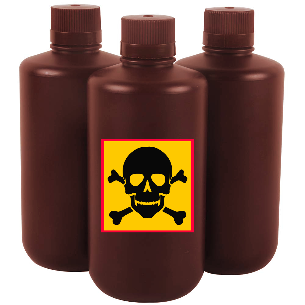 Brown chemical bottles with skull and crossbones hazard warning label