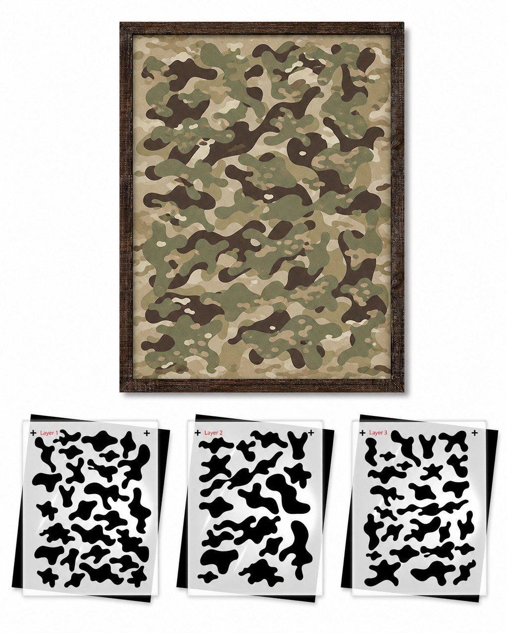 Multicam camouflage layering stencil kit with framed art print and three mylar layer sheets