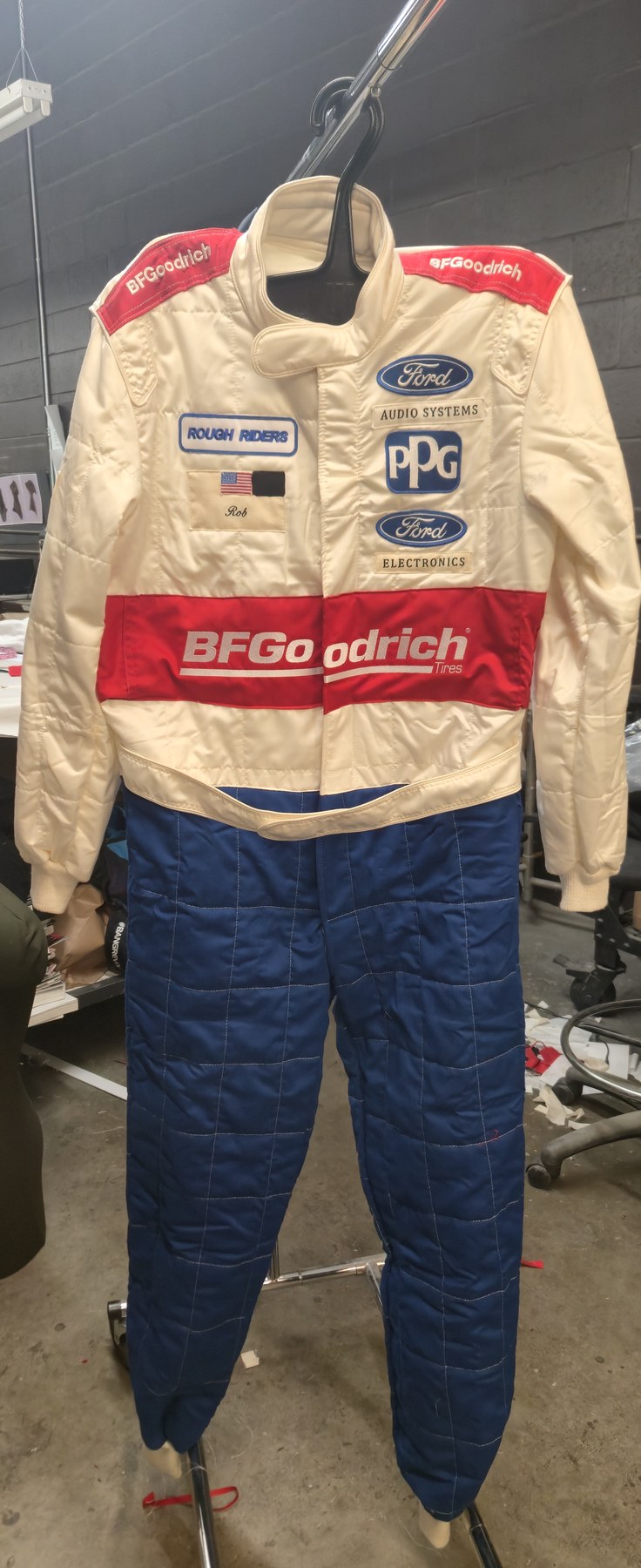 The finished two-tone Parnelli Jones Ford BFGoodrich racing suit recreation