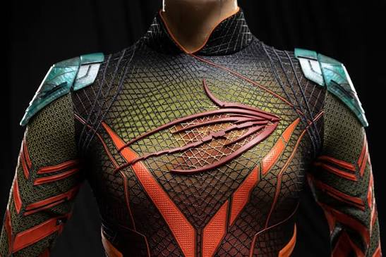 Zoomed in detail of The Flare II chest emblem installed on the finished costume