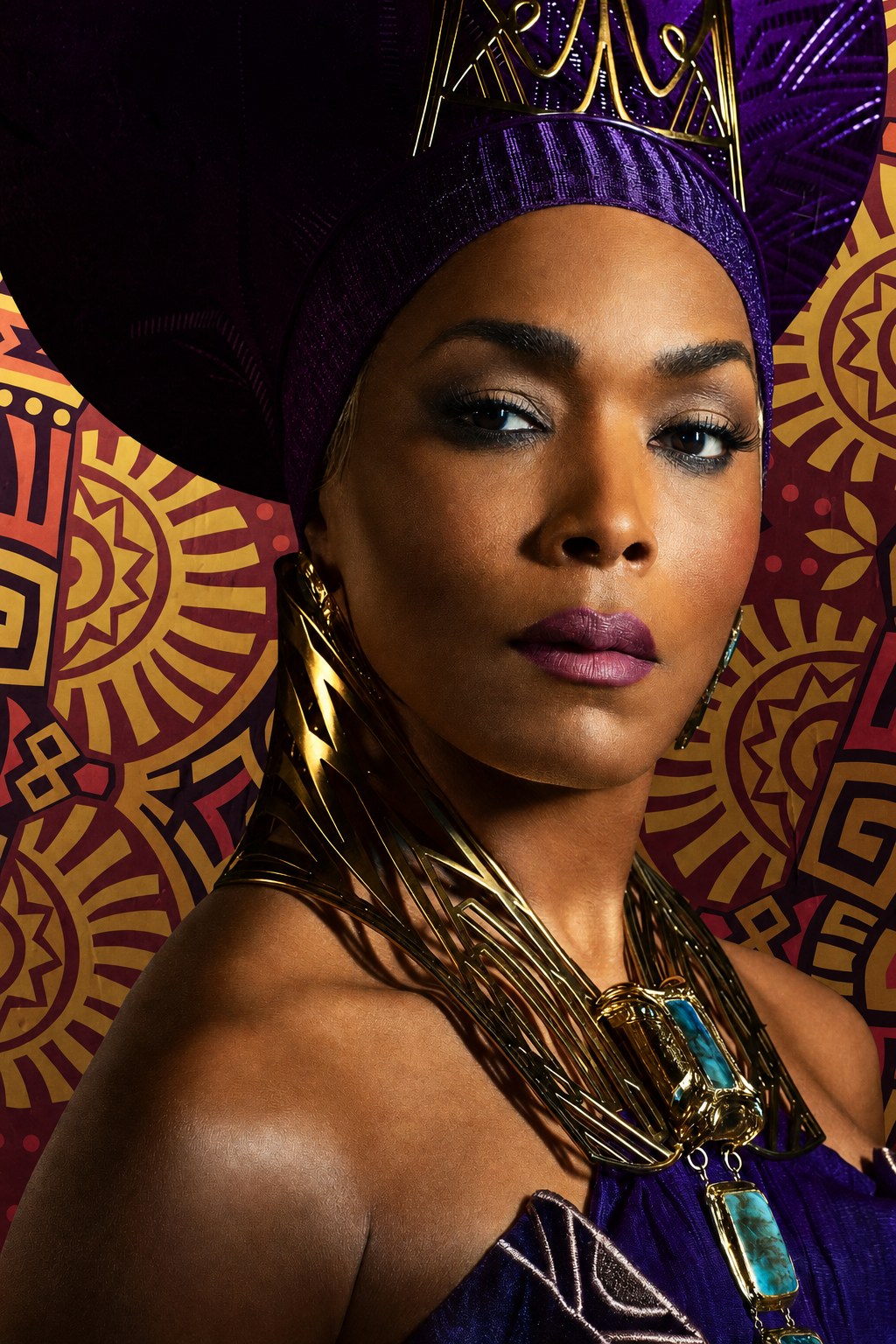 Queen Ramonda in the finished purple and gold crown and gold collar from Black Panther: Wakanda Forever