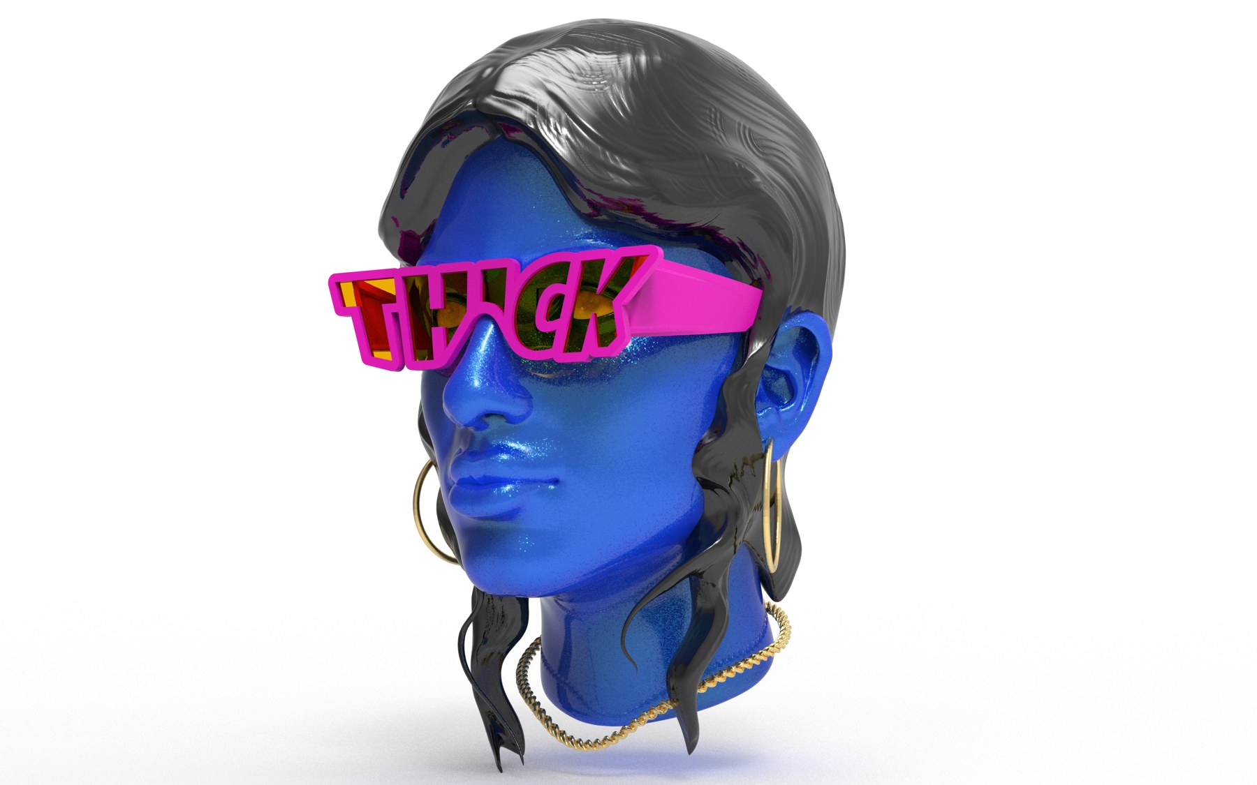 A stylized blue figure wearing bold pink THICK glasses, a full color 3D render