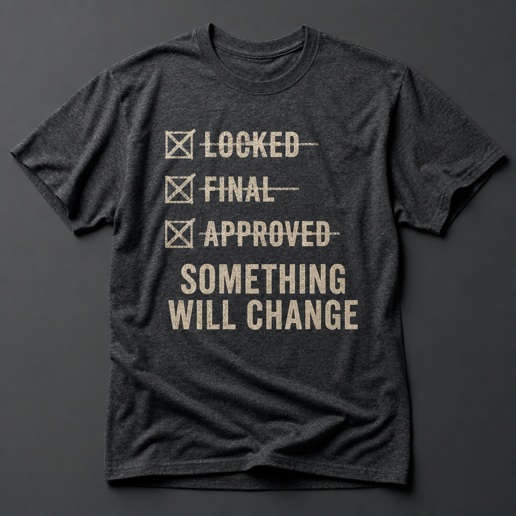 Front of charcoal heather t-shirt with a checklist reading LOCKED, FINAL, APPROVED crossed out and the line SOMETHING WILL CHANGE