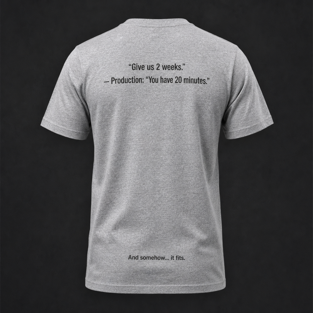 Back of heather navy t-shirt reading Give us 2 weeks, Production: You have 20 minutes, And somehow it fits