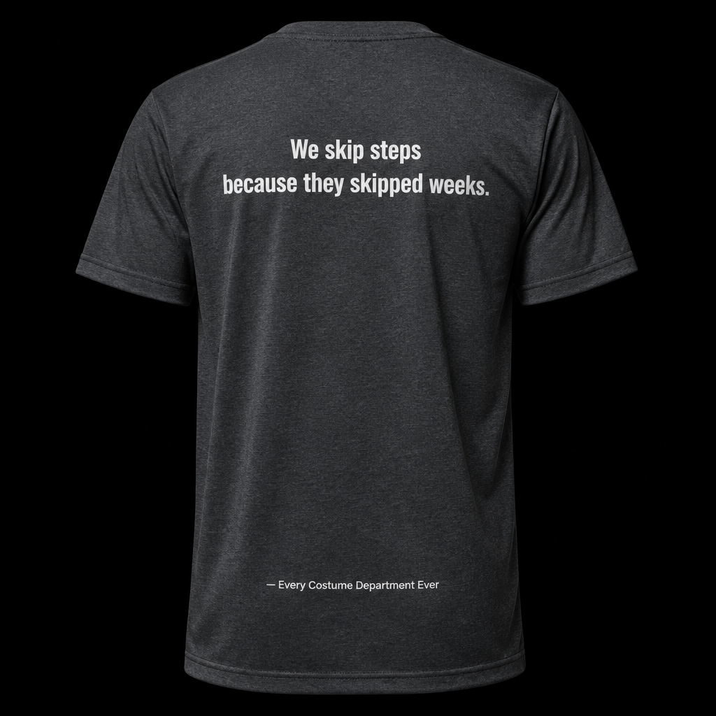 Back of slate gray t-shirt reading We skip steps because they skipped weeks