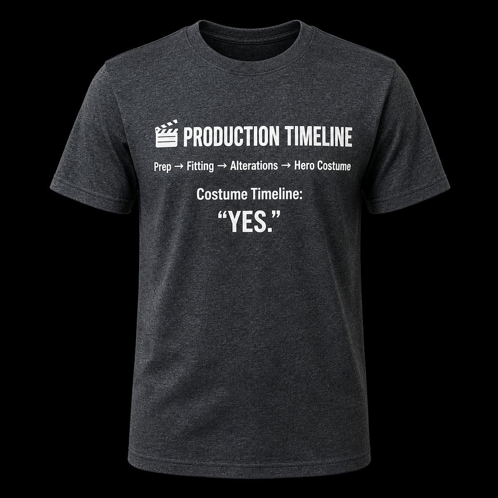 Front of slate gray t-shirt with production timeline flowchart and Costume Timeline: YES