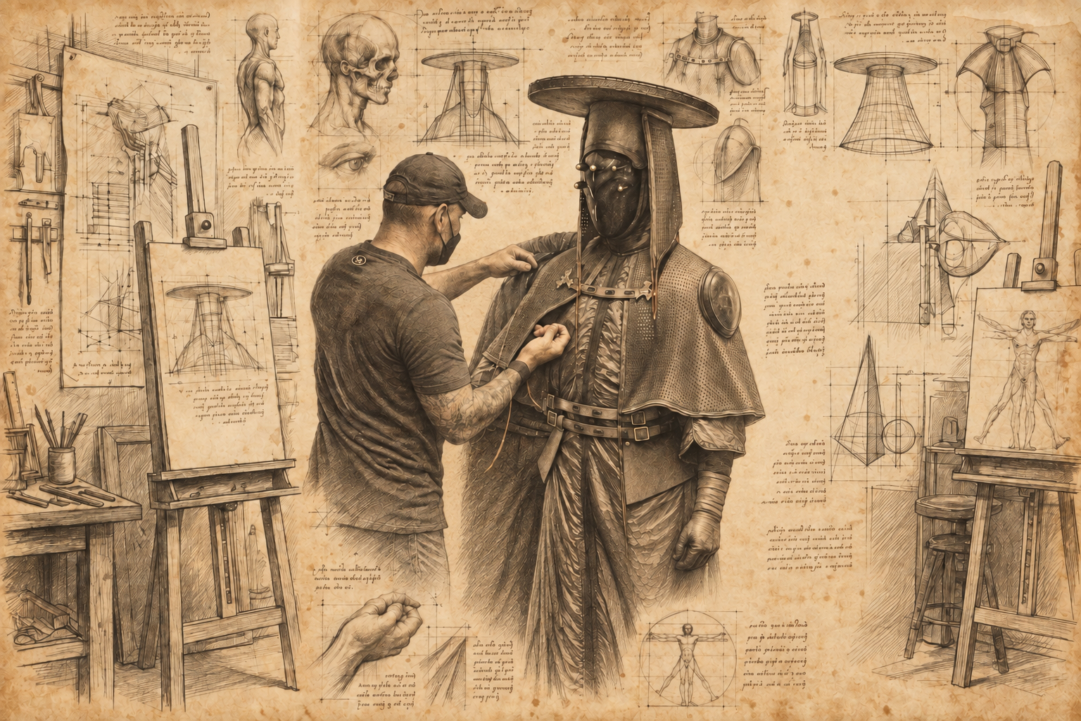 Da Vinci style sketch of a costume fabricator fitting armor on a performer, surrounded by anatomical studies and technical drawings